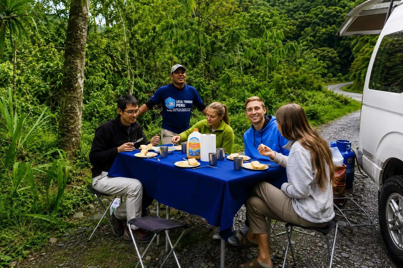 grupo de personas almorzando al aire libre en un área de camping en Perú, organizado por la empresa Local Trekkers Peru